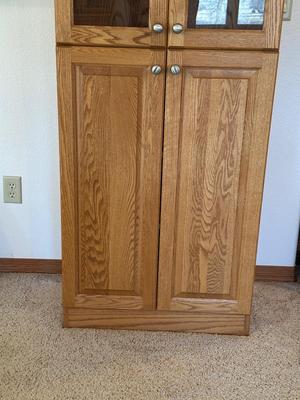 TALL NARROW OAK DISPLAY CABINET WITH CABINET