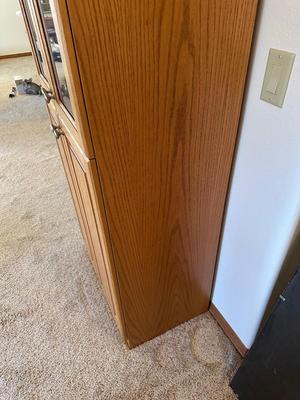 TALL NARROW OAK DISPLAY CABINET WITH CABINET