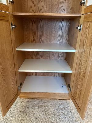 TALL NARROW OAK DISPLAY CABINET WITH CABINET