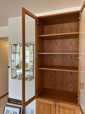 TALL NARROW OAK DISPLAY CABINET WITH CABINET