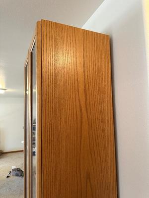 TALL NARROW OAK DISPLAY CABINET WITH CABINET