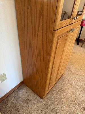 TALL NARROW OAK DISPLAY CABINET WITH CABINET