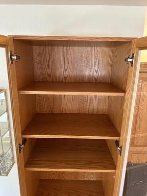 TALL NARROW OAK DISPLAY CABINET WITH CABINET