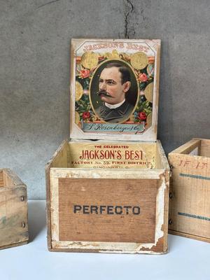 JACKSON'S BEST CIGAR BOX AND 2 WOODEN BORDEN CHEESE BOXES