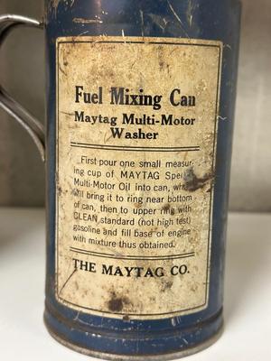 MAYTAG MULTI MOTOR OIL FUEL MIXING CAN AND AN OLD GAS CAN