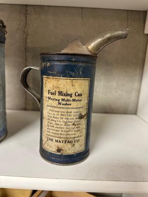 MAYTAG MULTI MOTOR OIL FUEL MIXING CAN AND AN OLD GAS CAN