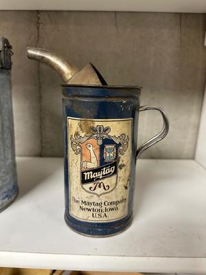 MAYTAG MULTI MOTOR OIL FUEL MIXING CAN AND AN OLD GAS CAN