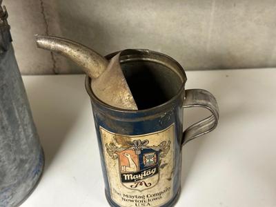 MAYTAG MULTI MOTOR OIL FUEL MIXING CAN AND AN OLD GAS CAN