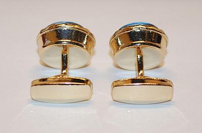 NEW CUFFLINKS SET with Deep Blue ROUND Stone Center & Gold Tone Surround on a Gold Tone Setting