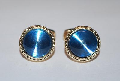 NEW CUFFLINKS SET with Deep Blue ROUND Stone Center & Gold Tone Surround on a Gold Tone Setting