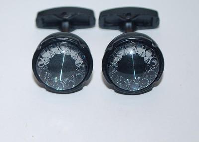 NEW CUFFLINKS SET with a ROUND Shape & "Fan Style" Line Design Surround on a Black Center & an All BLACK Tone Setting
