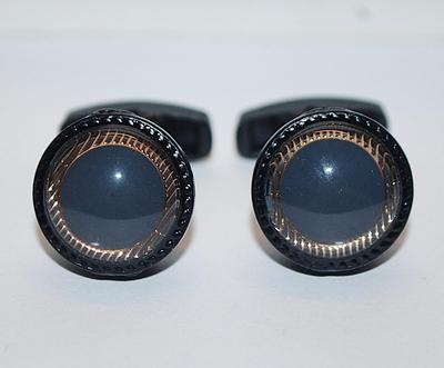 NEW CUFFLINKS SET with a ROUND Shape & Dark Gray/Blue Center + Gold Tone Surround & an All BLACK Tone Setting