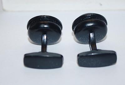 NEW CUFFLINKS SET with a ROUND Shape & Dark Gray/Blue Center + Gold Tone Surround & an All BLACK Tone Setting