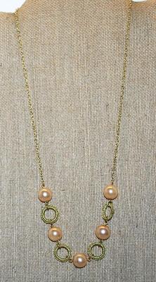 Large PINK Faux PEARLS CHOKER NECKLACE with Gold Tone Wire Wrapped Ring Accents on a Gold Tone Necklace Chain-NO CLASP 20" L