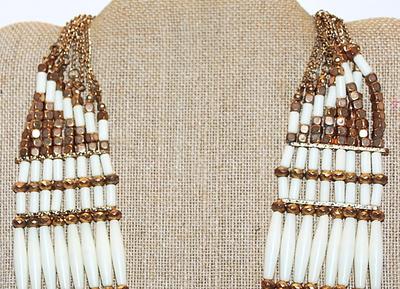 Showy "CLEOPATRA" CHOKER NECKLACE with White Tube-Style & "Rose Gold" Tone Cube + Prism Beads with a Dark Gold...