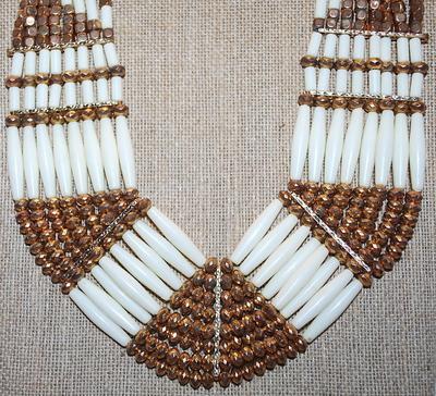 Showy "CLEOPATRA" CHOKER NECKLACE with White Tube-Style & "Rose Gold" Tone Cube + Prism Beads with a Dark Gold...