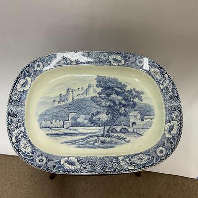 546 Blue and White Dutch Pottery Transferware Oval Meat Platter on Stand