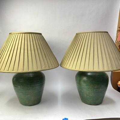 554 Pair Of Green Pottery Lamps With Silk Shades