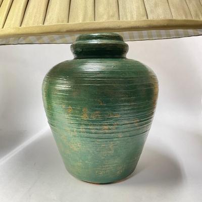 554 Pair Of Green Pottery Lamps With Silk Shades