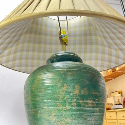 554 Pair Of Green Pottery Lamps With Silk Shades