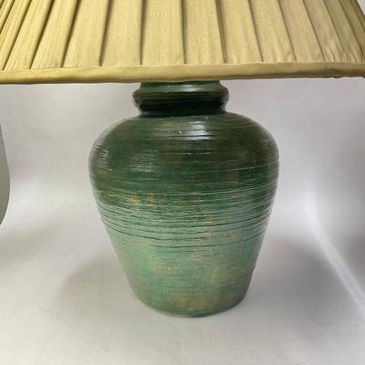 554 Pair Of Green Pottery Lamps With Silk Shades