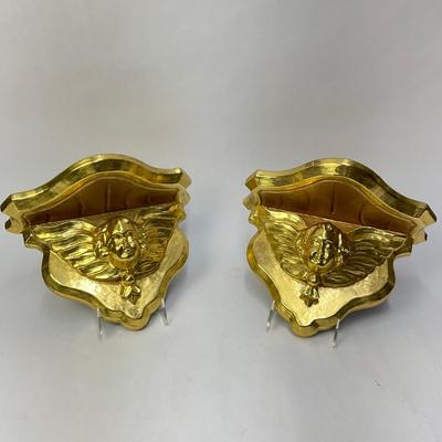 556 Pair Of Gold Gilt Antique Cherub Wall Shelves