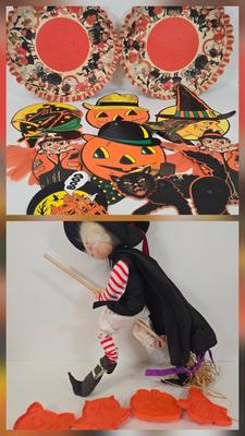 LOT 7: Vintage Annalee Halloween Witch Doll, Vintage Hallmark Halloween Paper Candy Bowl,Circa 1960s, Made in West Germany, Cardboard...