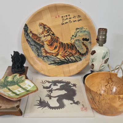 LOT 9: Vintage Bamboo Decorative Plate Featuring a Painted Tiger, Dragon Print, Mongolian Wooden Abacus with Painted Wooden Balls, Wooden...