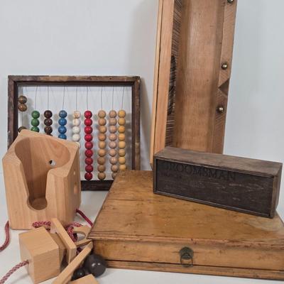 LOT 9: Vintage Bamboo Decorative Plate Featuring a Painted Tiger, Dragon Print, Mongolian Wooden Abacus with Painted Wooden Balls, Wooden...