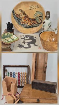 LOT 9: Vintage Bamboo Decorative Plate Featuring a Painted Tiger, Dragon Print, Mongolian Wooden Abacus with Painted Wooden Balls, Wooden...