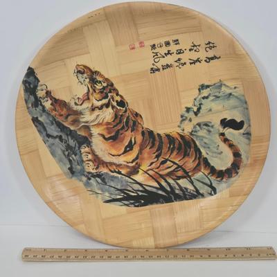 LOT 9: Vintage Bamboo Decorative Plate Featuring a Painted Tiger, Dragon Print, Mongolian Wooden Abacus with Painted Wooden Balls, Wooden...