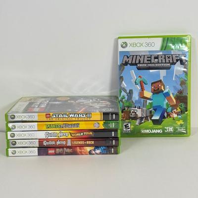 LOT 42: XBOX 360 Video Games: Minecraft, Guitar Hero (III & Legends of Rock), Lego Star Wars II, Plants vs Zombies & Lego Harry...