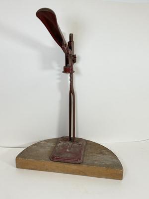 LOT 45: Vintage Red Metal Bottle Capper w Wood Base & Stucco Patch gunHopper Machine / Tool