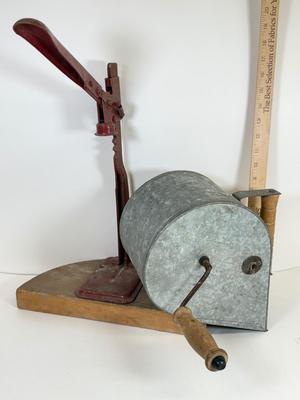 LOT 45: Vintage Red Metal Bottle Capper w Wood Base & Stucco Patch gunHopper Machine / Tool