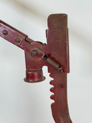 LOT 45: Vintage Red Metal Bottle Capper w Wood Base & Stucco Patch gunHopper Machine / Tool