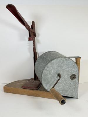 LOT 45: Vintage Red Metal Bottle Capper w Wood Base & Stucco Patch gunHopper Machine / Tool