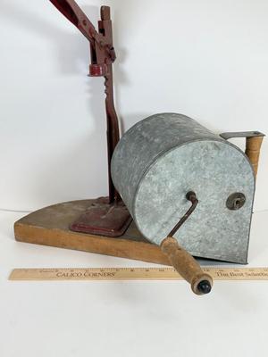 LOT 45: Vintage Red Metal Bottle Capper w Wood Base & Stucco Patch gunHopper Machine / Tool