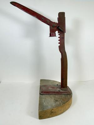 LOT 45: Vintage Red Metal Bottle Capper w Wood Base & Stucco Patch gunHopper Machine / Tool