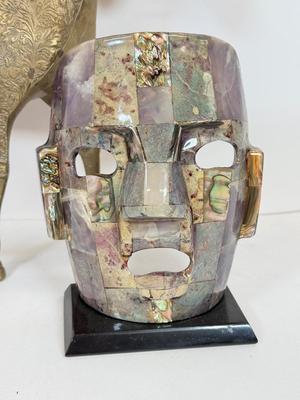 LOT 48: Large Etched Brass Horse made in India, Brass decorative Mask, Marble Flower Frog/Incence Holder & Shell Mosaic Mask Decor