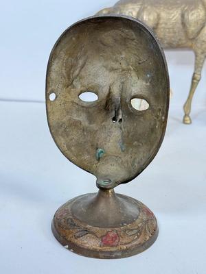 LOT 48: Large Etched Brass Horse made in India, Brass decorative Mask, Marble Flower Frog/Incence Holder & Shell Mosaic Mask Decor