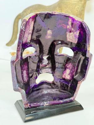 LOT 48: Large Etched Brass Horse made in India, Brass decorative Mask, Marble Flower Frog/Incence Holder & Shell Mosaic Mask Decor