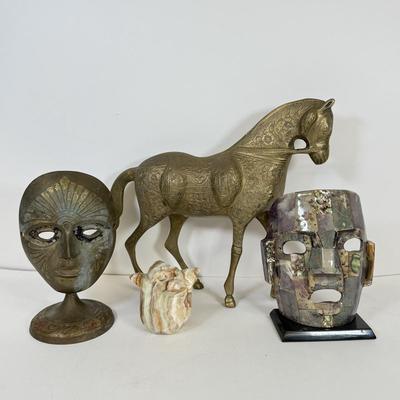 LOT 48: Large Etched Brass Horse made in India, Brass decorative Mask, Marble Flower Frog/Incence Holder & Shell Mosaic Mask Decor