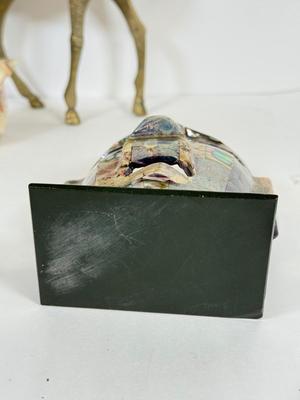 LOT 48: Large Etched Brass Horse made in India, Brass decorative Mask, Marble Flower Frog/Incence Holder & Shell Mosaic Mask Decor
