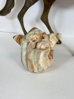 LOT 48: Large Etched Brass Horse made in India, Brass decorative Mask, Marble Flower Frog/Incence Holder & Shell Mosaic Mask Decor