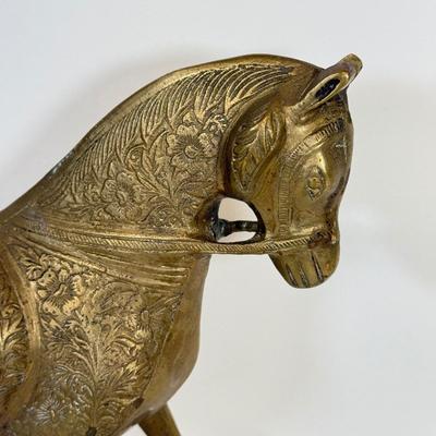 LOT 48: Large Etched Brass Horse made in India, Brass decorative Mask, Marble Flower Frog/Incence Holder & Shell Mosaic Mask Decor