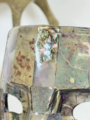 LOT 48: Large Etched Brass Horse made in India, Brass decorative Mask, Marble Flower Frog/Incence Holder & Shell Mosaic Mask Decor