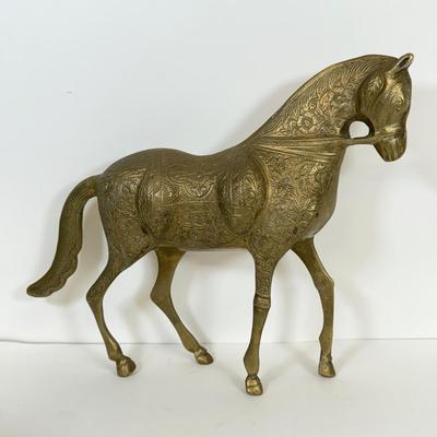 LOT 48: Large Etched Brass Horse made in India, Brass decorative Mask, Marble Flower Frog/Incence Holder & Shell Mosaic Mask Decor