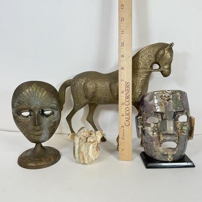 LOT 48: Large Etched Brass Horse made in India, Brass decorative Mask, Marble Flower Frog/Incence Holder & Shell Mosaic Mask Decor