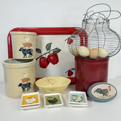 LOT 49: Farmhouse Kitchen Collection: Pottery Stoneware Canisters, Bird Bowl & Tin Apple Tray