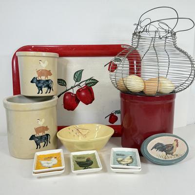 LOT 49: Farmhouse Kitchen Collection: Pottery Stoneware Canisters, Bird Bowl & Tin Apple Tray